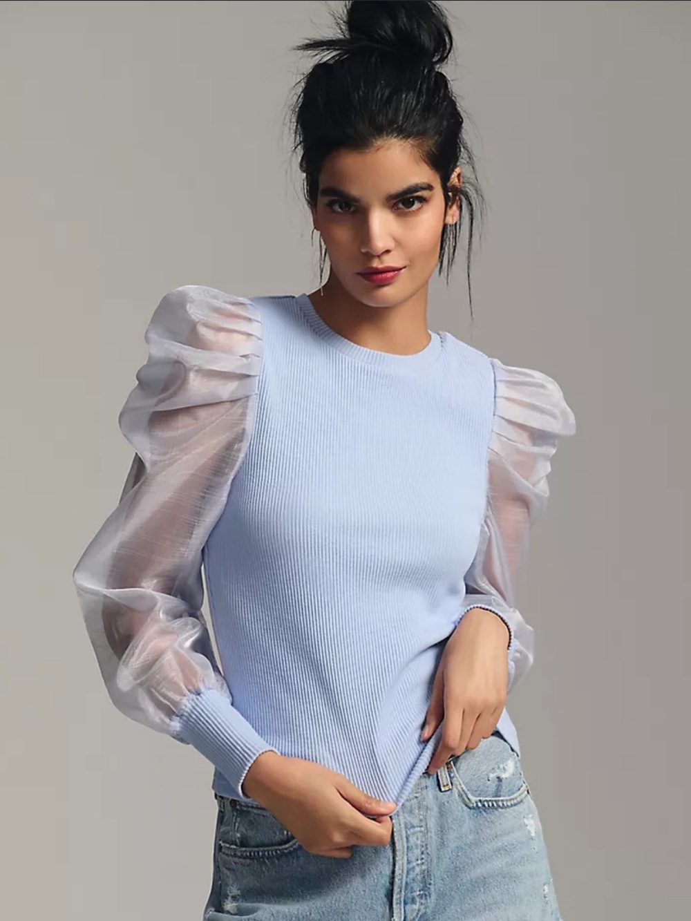NWOT Dolan‎ Pastel Blue Top with Sheer Puff Sleeves Size Large
